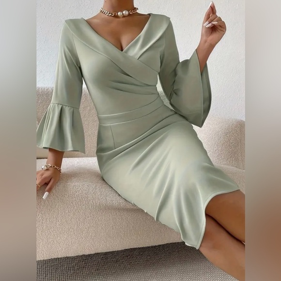 Sage Green Bell Sleeve Midi Dress - Picture 3 of 5